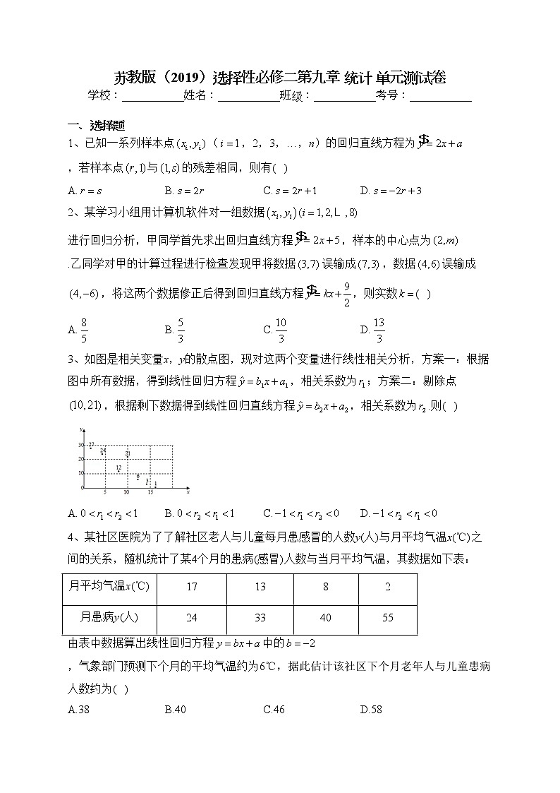 2022-2023学年苏教版（2019）选择性必修二第九章 统计 单元测试卷（含答案）第1页
