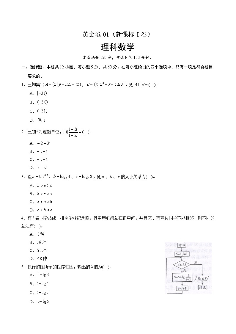 高中数学高考黄金卷01（新课标Ⅰ卷）（理）（原卷版）第1页