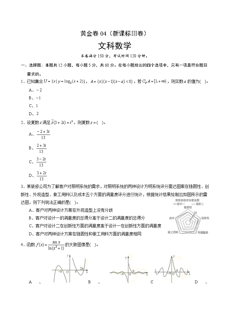 高中数学高考黄金卷04（文）（新课标Ⅲ卷）（原卷版）第1页