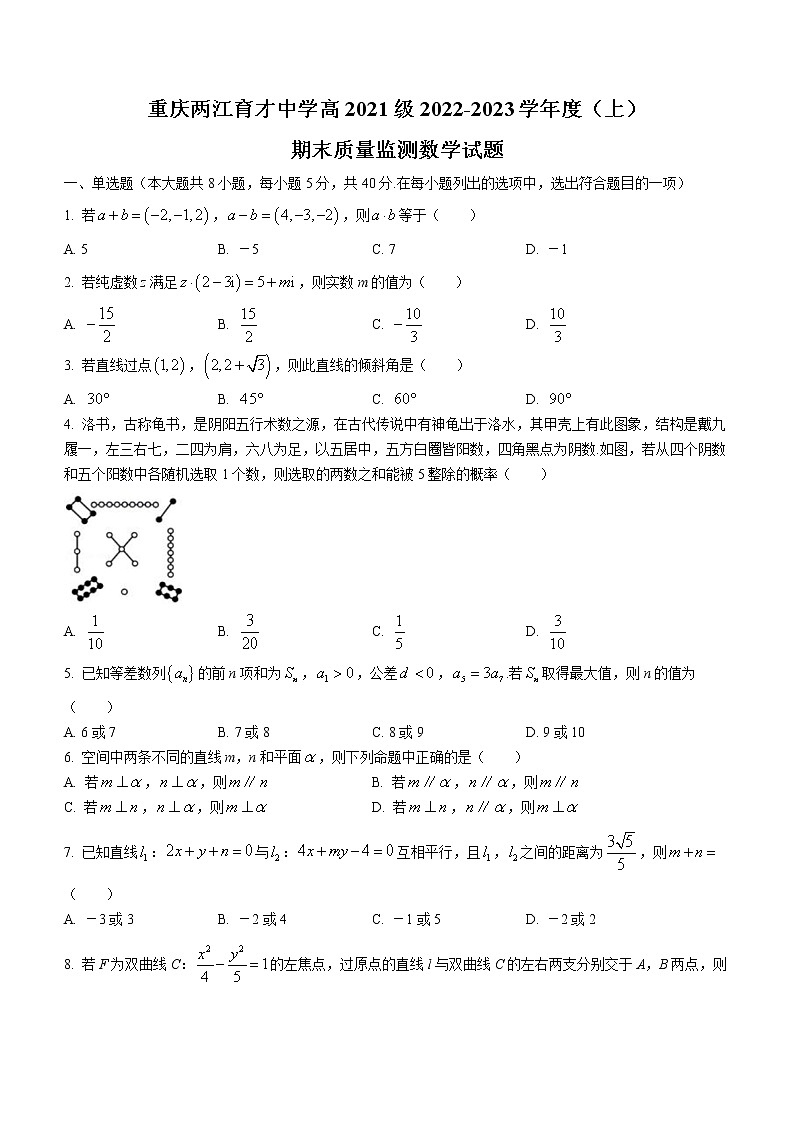 2023重庆市两江育才中学校高二上学期期末考试数学试题无答案第1页