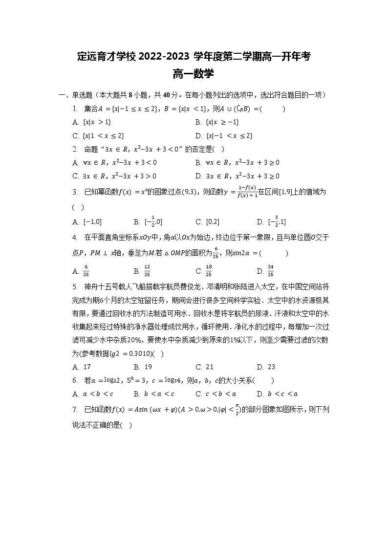 2023滁州定远县育才学校高一下学期开学考试数学含答案01