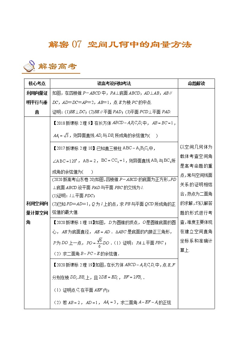 高中数学高考解密07  空间几何中的向量方法（讲义）-【高频考点解密】2021年新高考数学二轮复习讲义+分层训练01