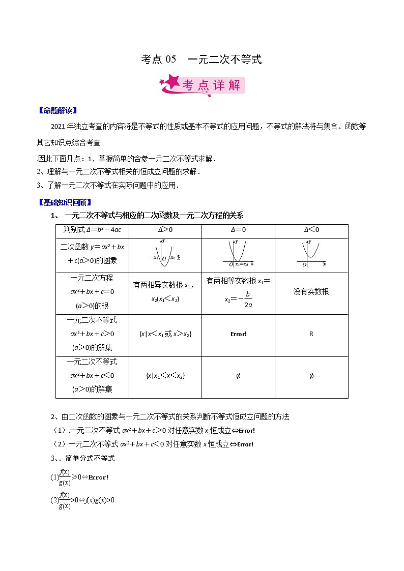 高中数学高考考点05 一元二次不等式（解析版）第1页