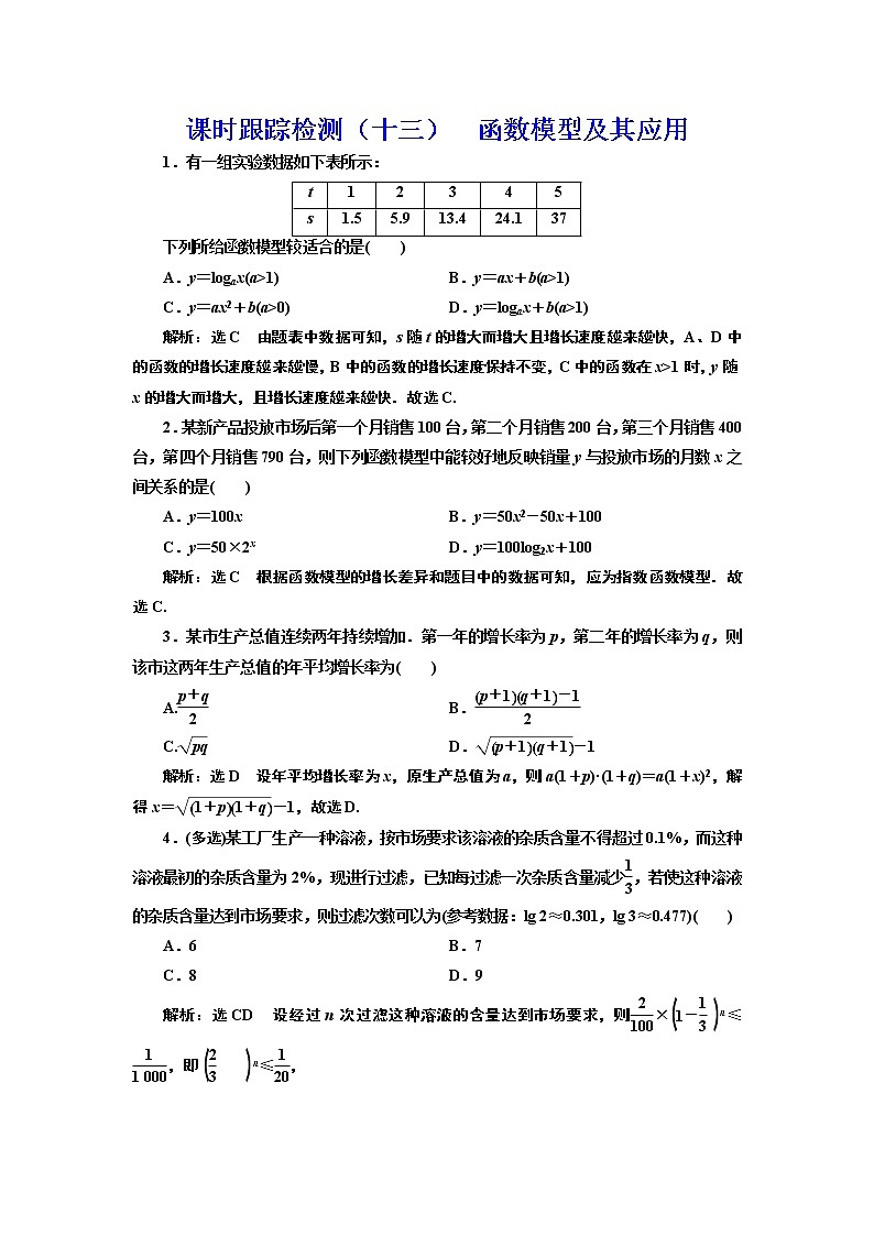 高中数学高考课时跟踪检测（十三） 函数模型及其应用 作业01