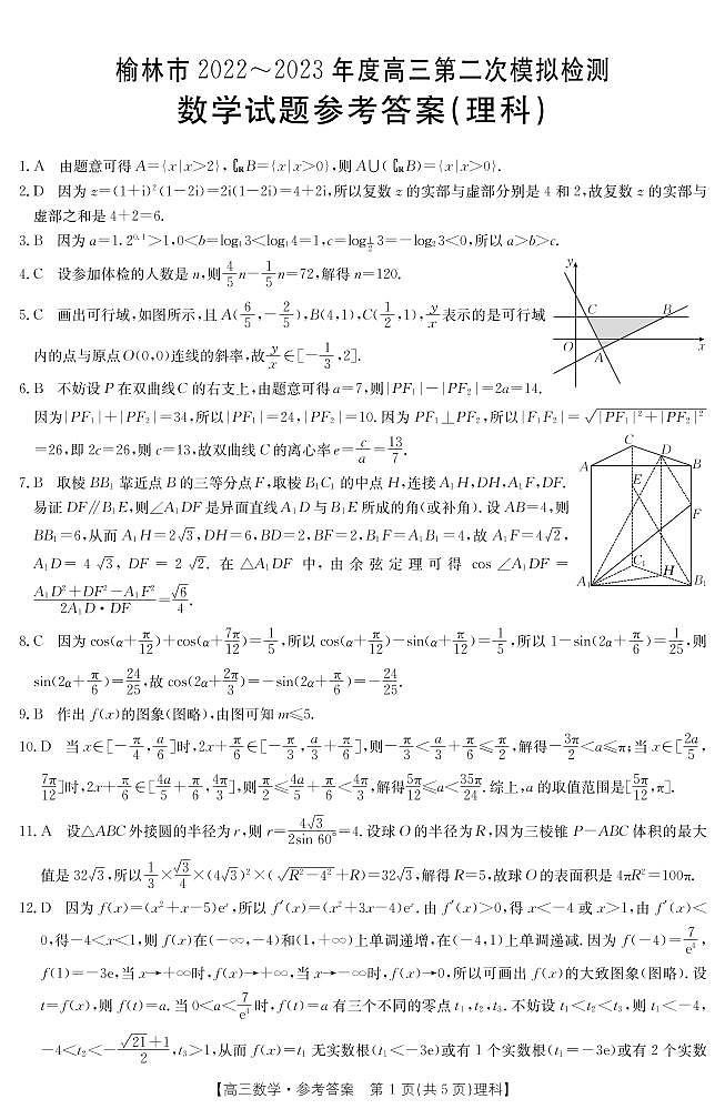 陕西省榆林市2022-2023学年高三二模理数答案第1页