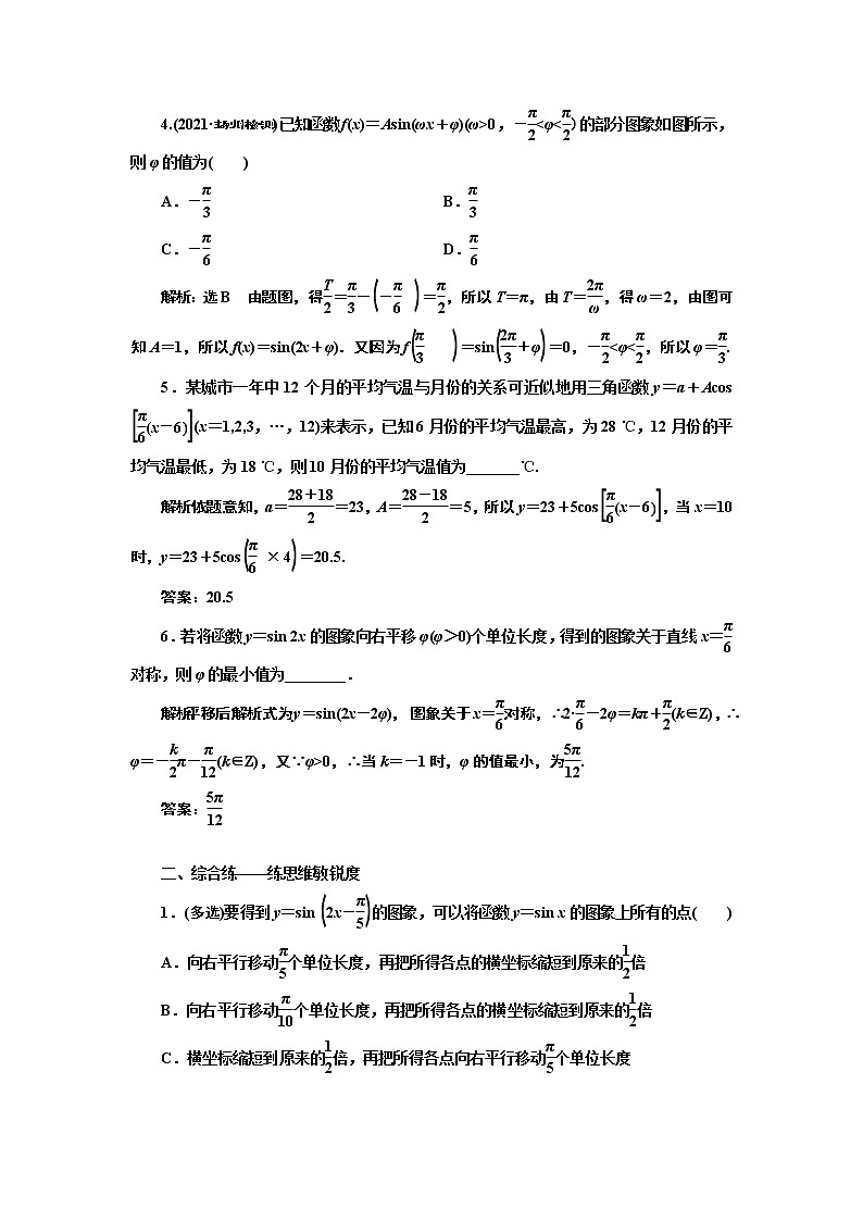 高中数学高考课时跟踪检测（二十一） 函数y=A sin （ωx+φ）的图象及三角函数模型的简单应用 作业02