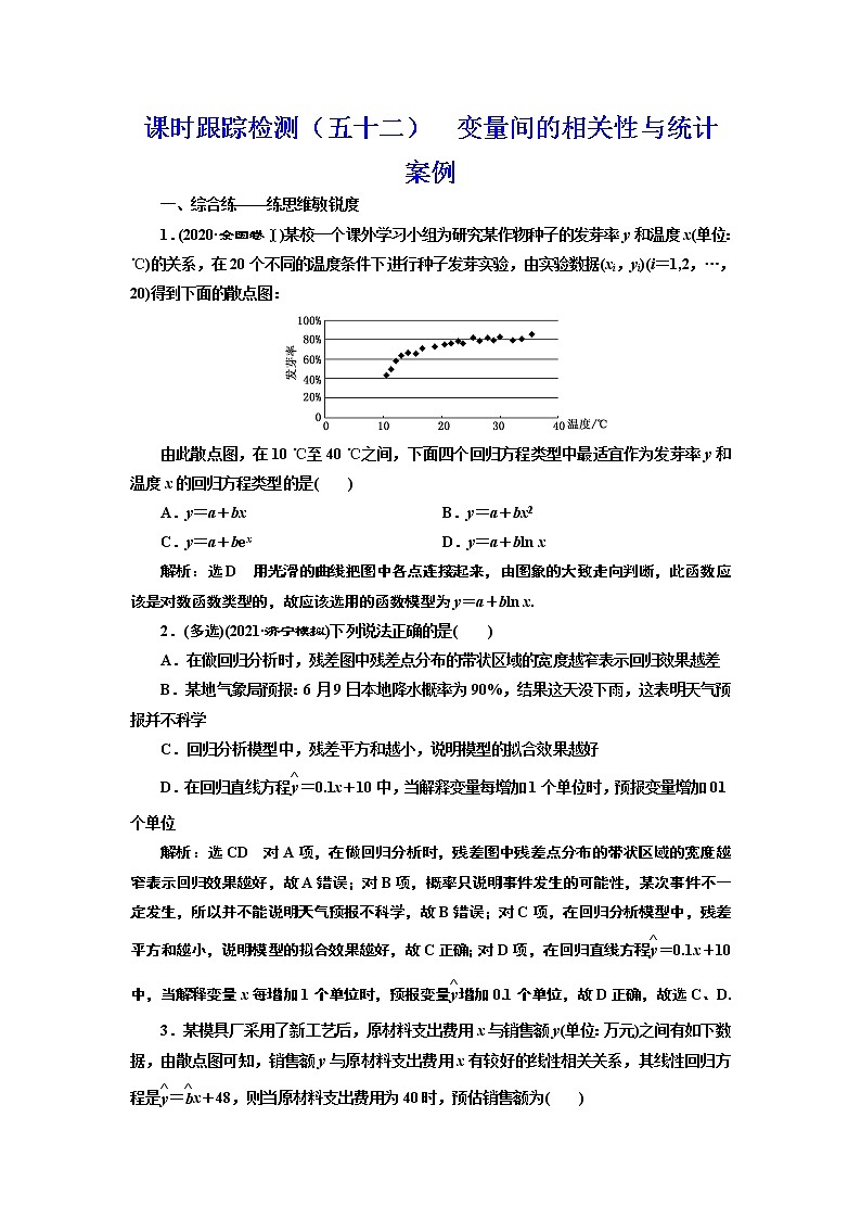 高中数学高考课时跟踪检测（五十二） 变量间的相关性与统计案例 作业第1页