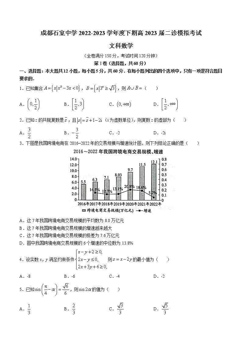 2023成都石室中学高三下学期3月二诊模拟考试数学（文）含解析01