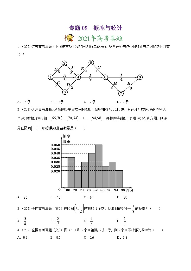 高中数学高考专题09 概率与统计-2021年高考真题和模拟题数学（文）分项汇编（全国通用）（原卷版）01