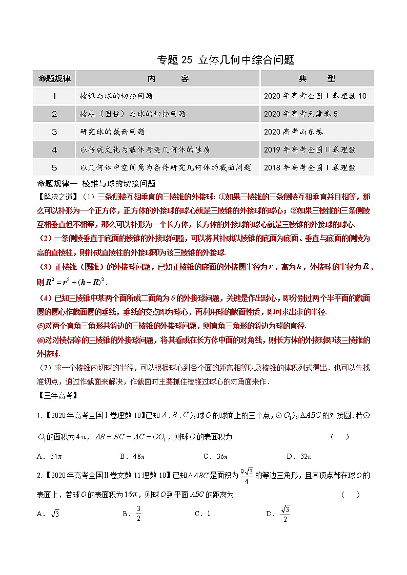 高中数学高考专题25 立体几何中综合问题（原卷版）第1页