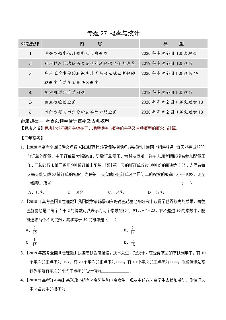 高中数学高考专题27 概率与统计（原卷版）01