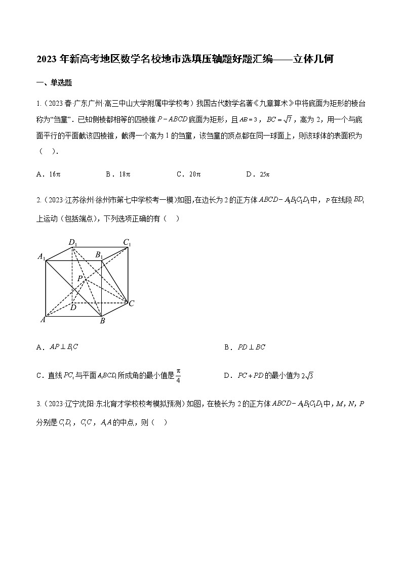 专题04 立体几何（选择填空压轴题）（学生版+解析版）-冲刺2023年高考数学压轴题模拟题分类汇编（新高考专用）01