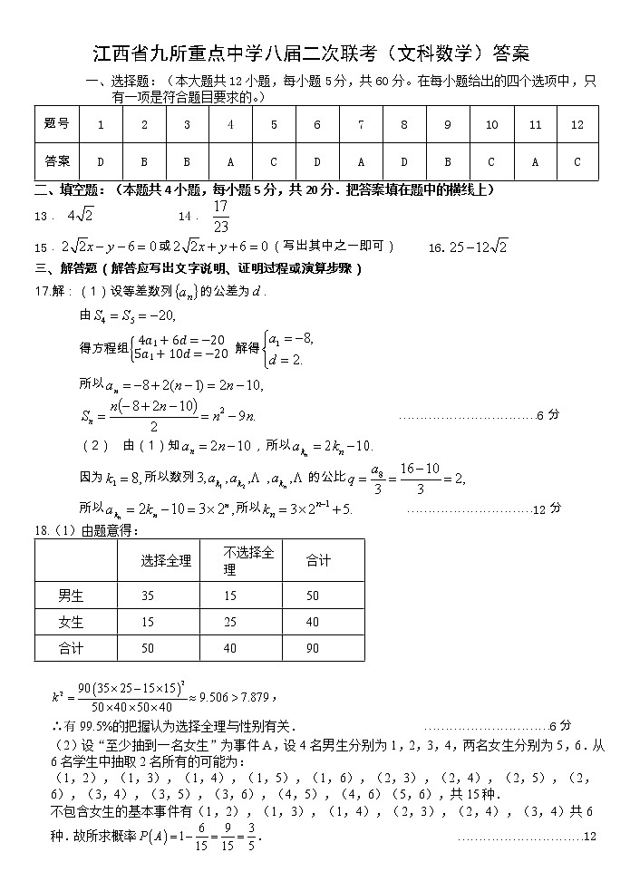 江西省九所重点校2022-2023学校高三下学期联合考试二模文数答案第1页