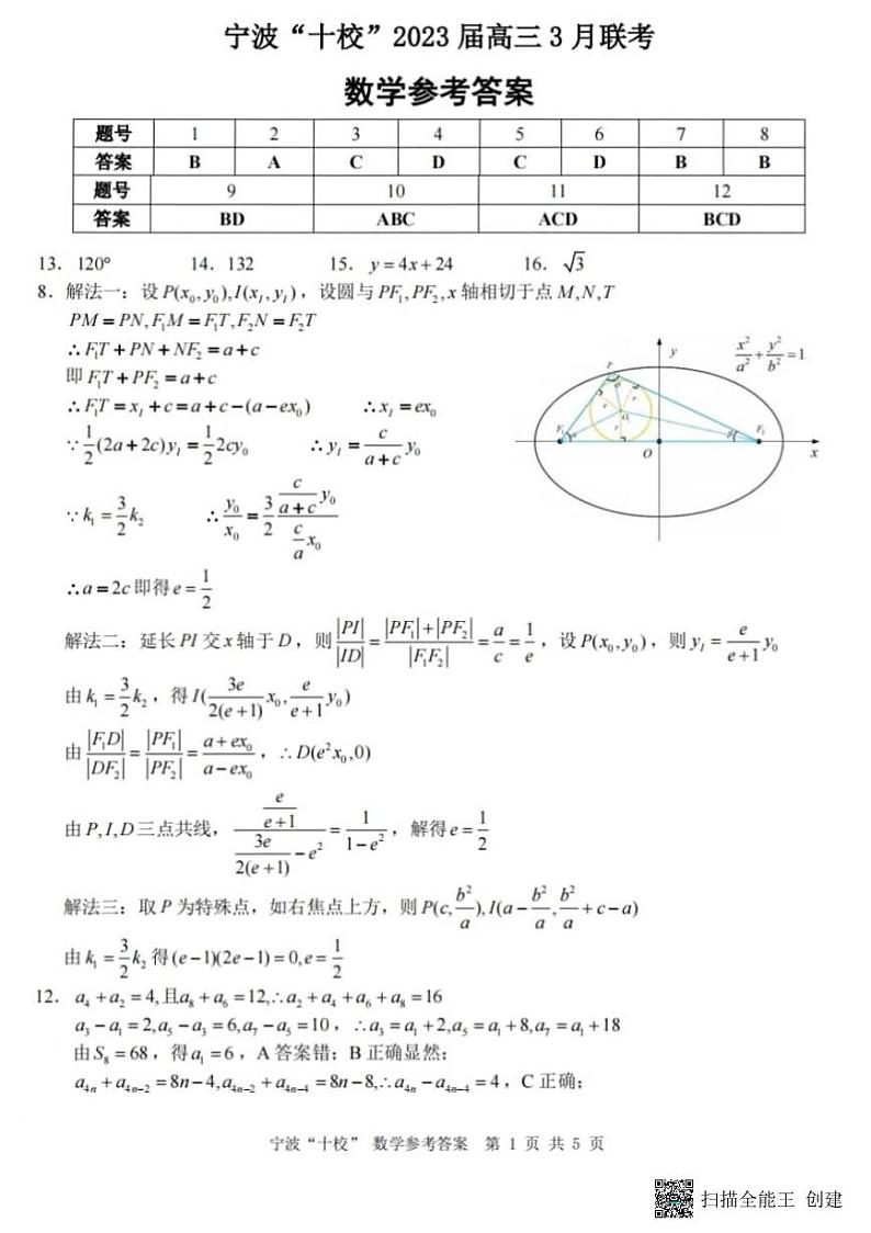 2023届浙江省宁波市十校高三下学期3月（二模）丨数学答案第1页