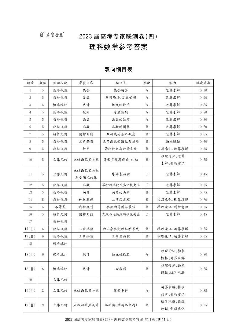 理科数学4答案和解析第1页