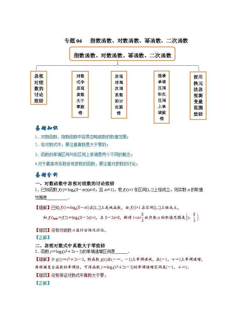 06 指数函数、对数函数、幂函数、二次函数——【冲刺2023】高考数学考试易错题（新高考专用）（原卷版+解析版）01