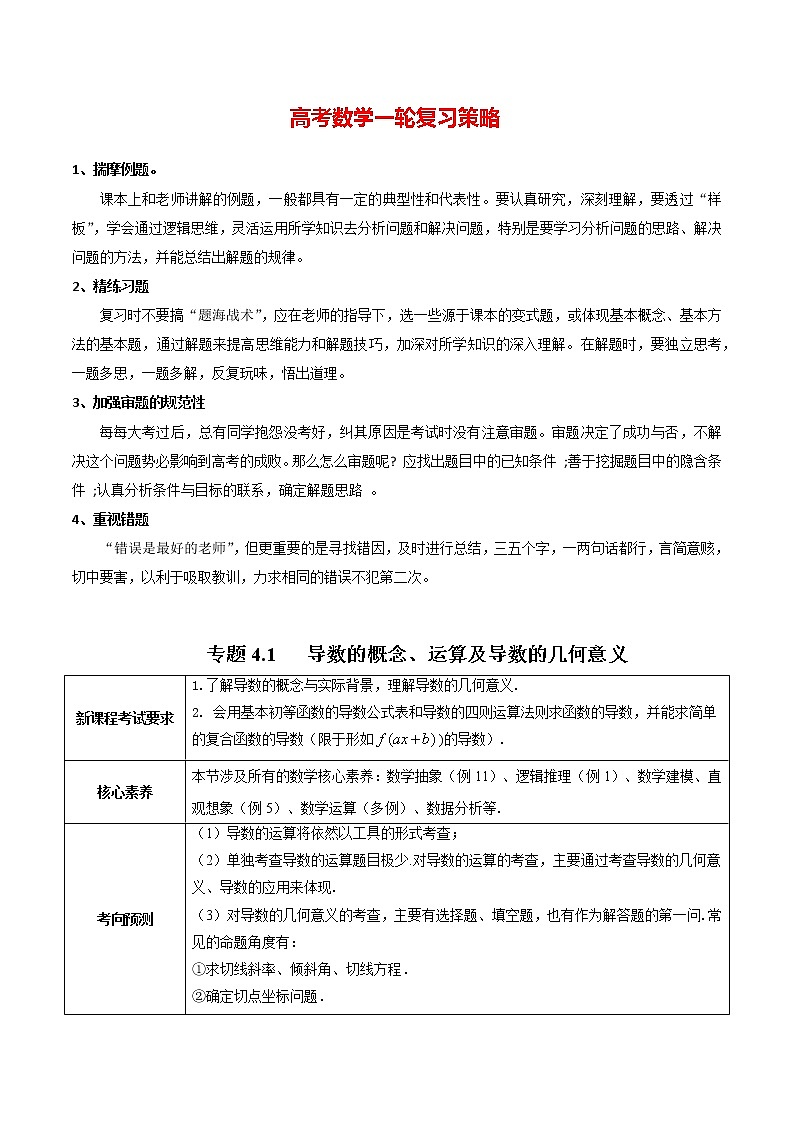 专题4.1  导数的概念、运算及导数的几何意义（学生版）第1页