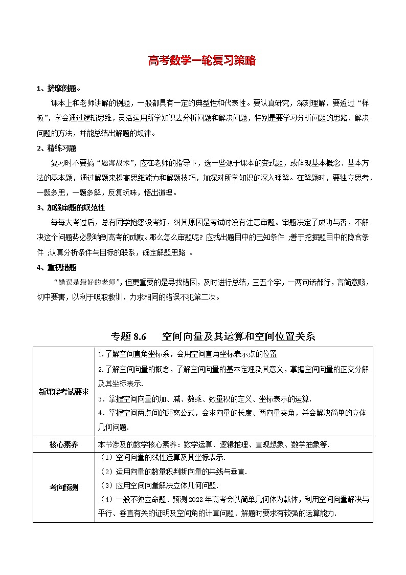 高考数学一轮复习 专题8.6   空间向量及其运算和空间位置关系（讲）01