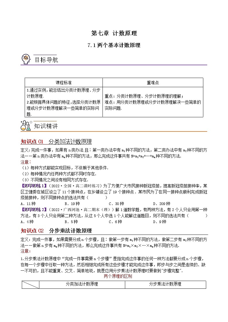 7.1两个基本计数原理-高二数学同步精品讲义（苏教版选择性必修第二册）01