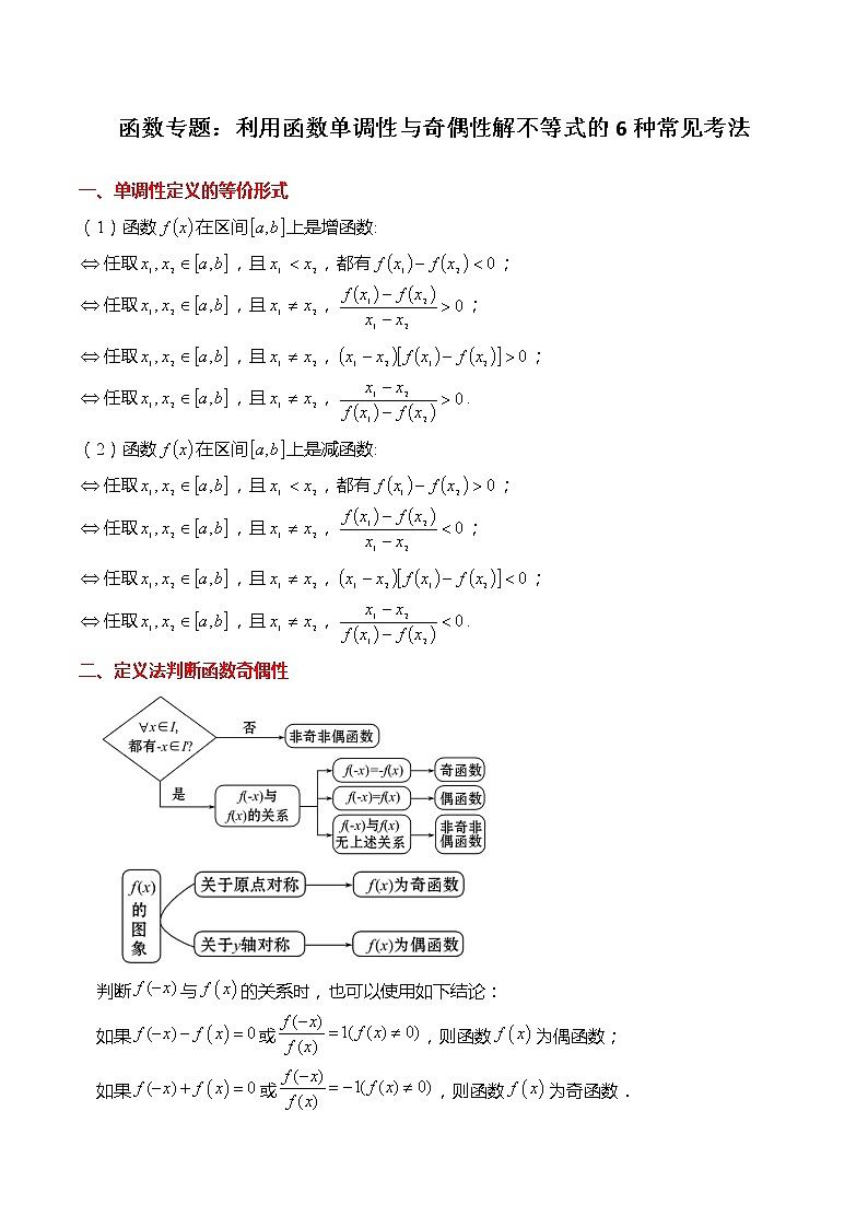 函数专题：利用函数单调性与奇偶性解不等式的6种常见考法-高一数学上学期同步讲与练(人教A版必修第一册)01
