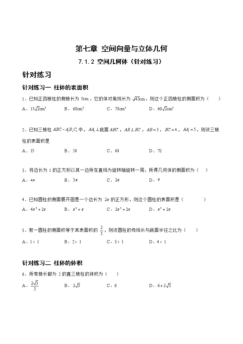 7.1.2空间几何体（针对练习）-备战高三数学一轮复习题型与战法精准训练（新高考专用）（原卷版）第1页