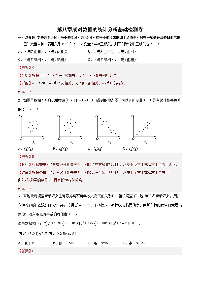 第八章成对数据的统计分析基础检测卷-高二数学知识详解+模拟测试（人教A版选择性必修第三册）（解析版）第1页