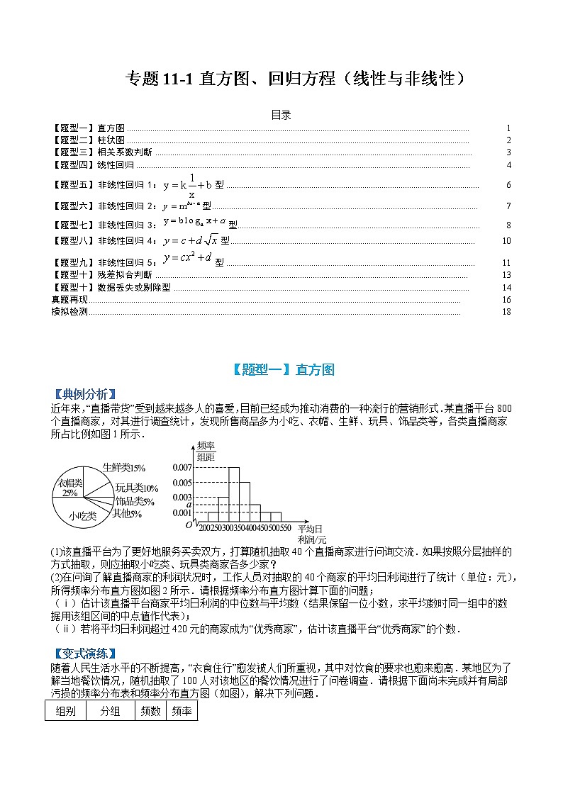 专题11-1 直方图、回归方程（线性与非线性）-高考数学一轮复习热点题型归纳与变式演练（全国通用）（原卷版）第1页
