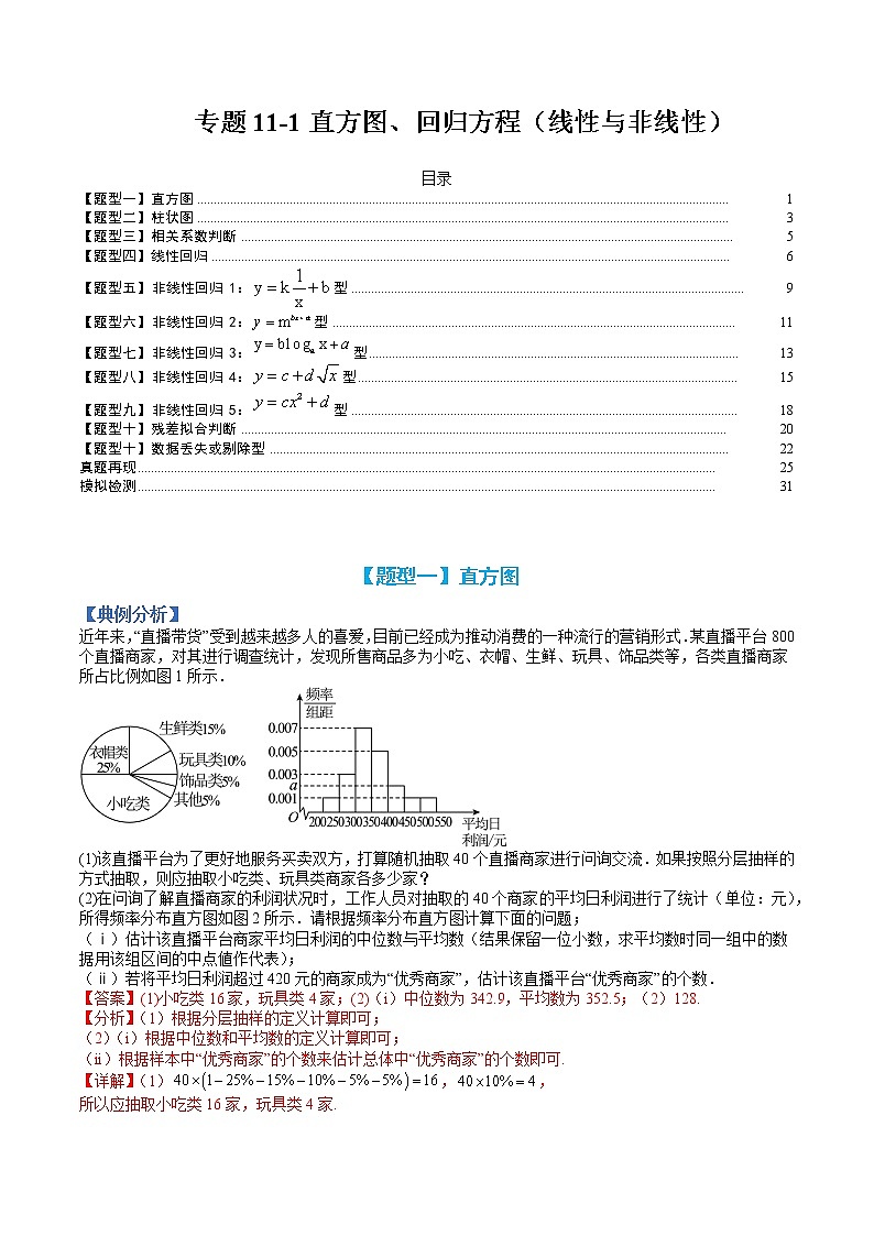 专题11-1 直方图、回归方程（线性与非线性）-高考数学一轮复习热点题型归纳与变式演练（全国通用）（解析版）第1页