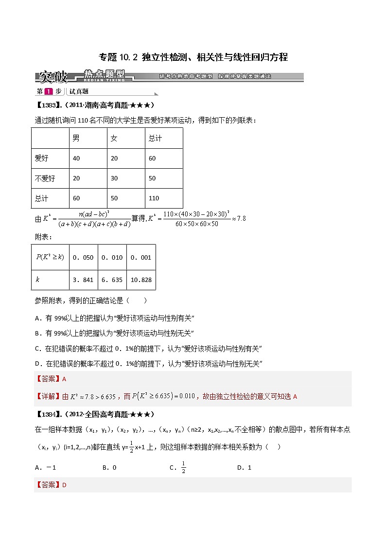 专题10.2 独立性检测与相关性与线性回归方程（解析版）第1页