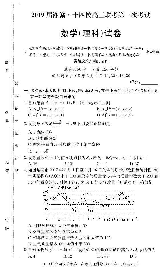 2019届湘赣十四校（湖南省长郡中学）、（江西省南昌市第二中学）等高三下学期第一次联考数学（理）试题 PDF版01