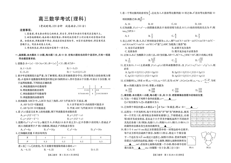 2023江西省部分学校高三下学期3月月考试题数学（理）图片版含解析第1页