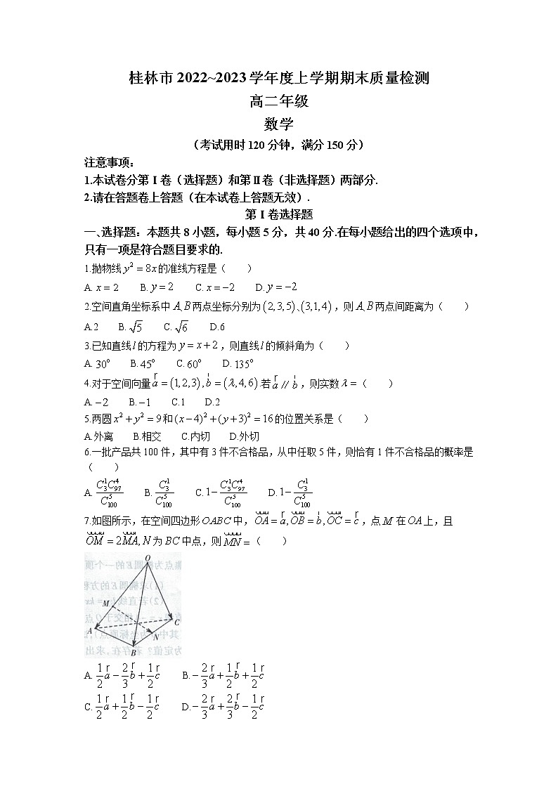 2022-2023学年广西桂林市高二上学期期末考试数学试题 Word版01