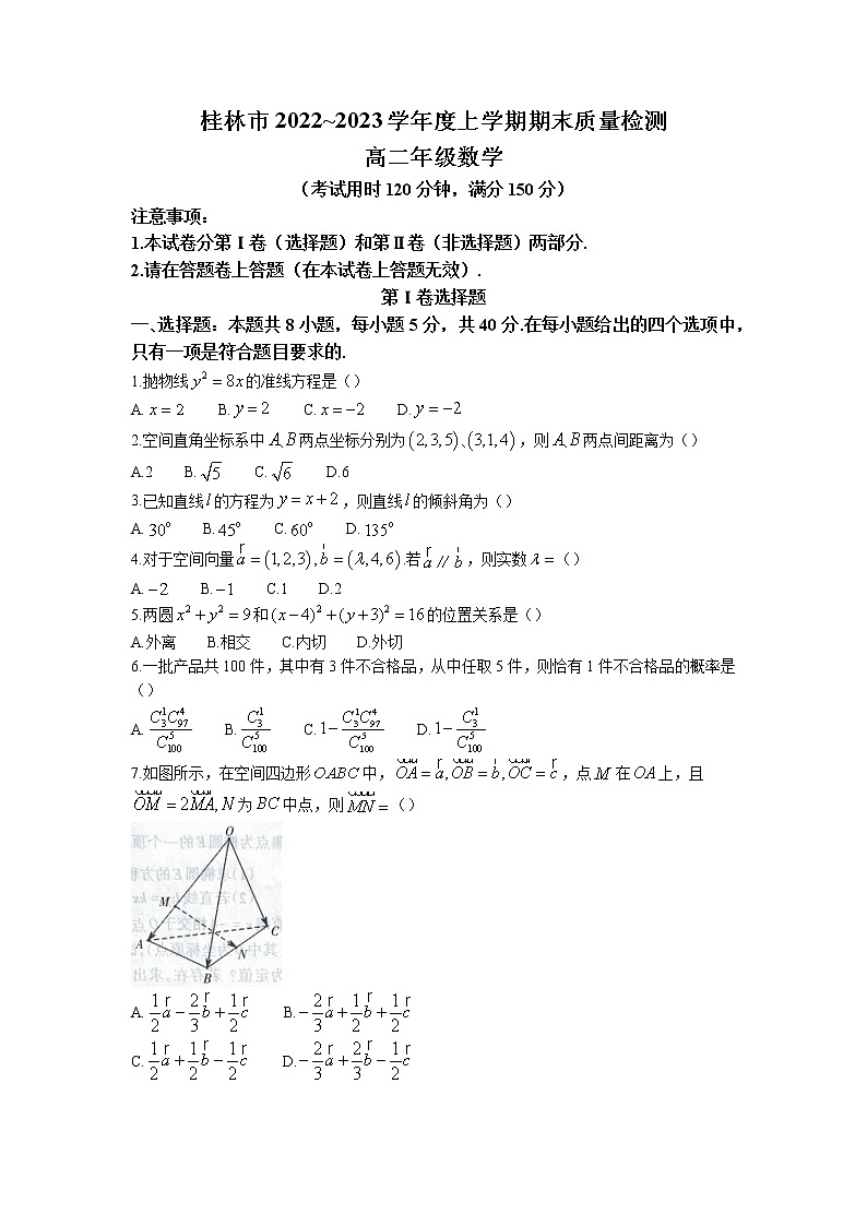 2022-2023学年广西桂林市高二上学期期末质量检测数学试题 解析版第1页