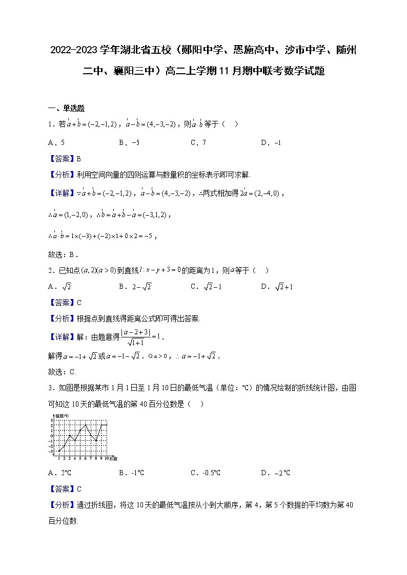 2022-2023学年湖北省五校（郧阳中学、恩施高中、沙市中学、随州二中、襄阳三中）高二上学期11月期中联考数学试题（解析版）01