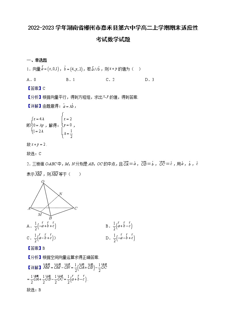 2022-2023学年湖南省郴州市嘉禾县第六中学高二上学期期末适应性考试数学试题（解析版）01