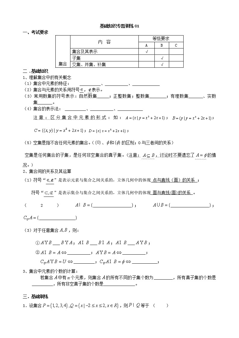 艺术班高考数学基础知识专题训练(24套)第1页