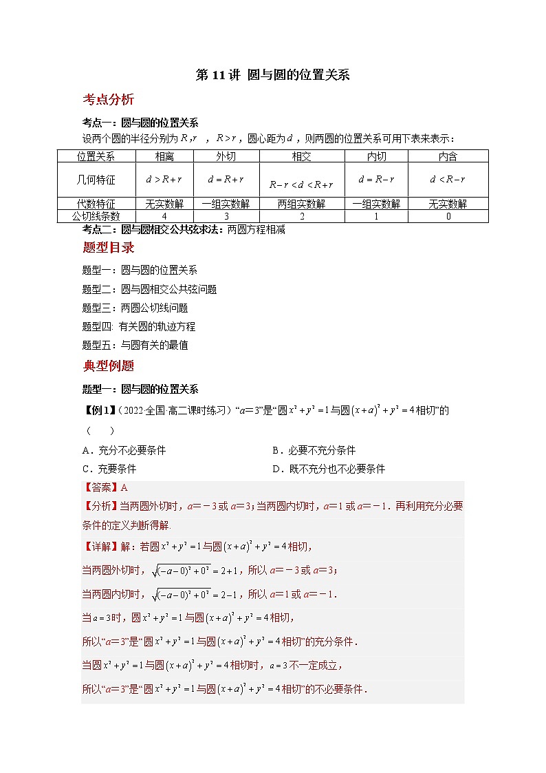 2022-2023学年高二数学 人教A版2019选择性必修第一册 同步讲义 第11讲 圆与圆的位置关系  Word版含解析第1页