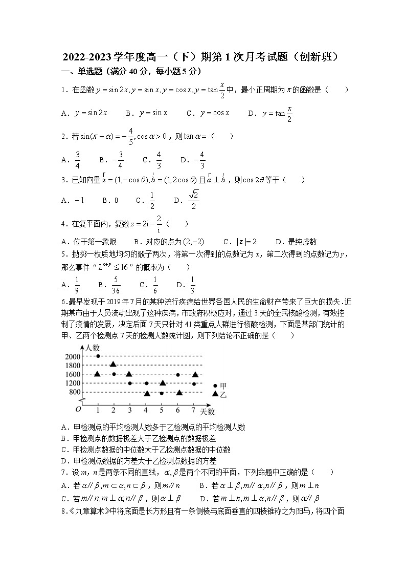 四川省内江市第六中学2022-2023学年高一数学下学期第一次月考试题（创新班）（Word版附答案）第1页