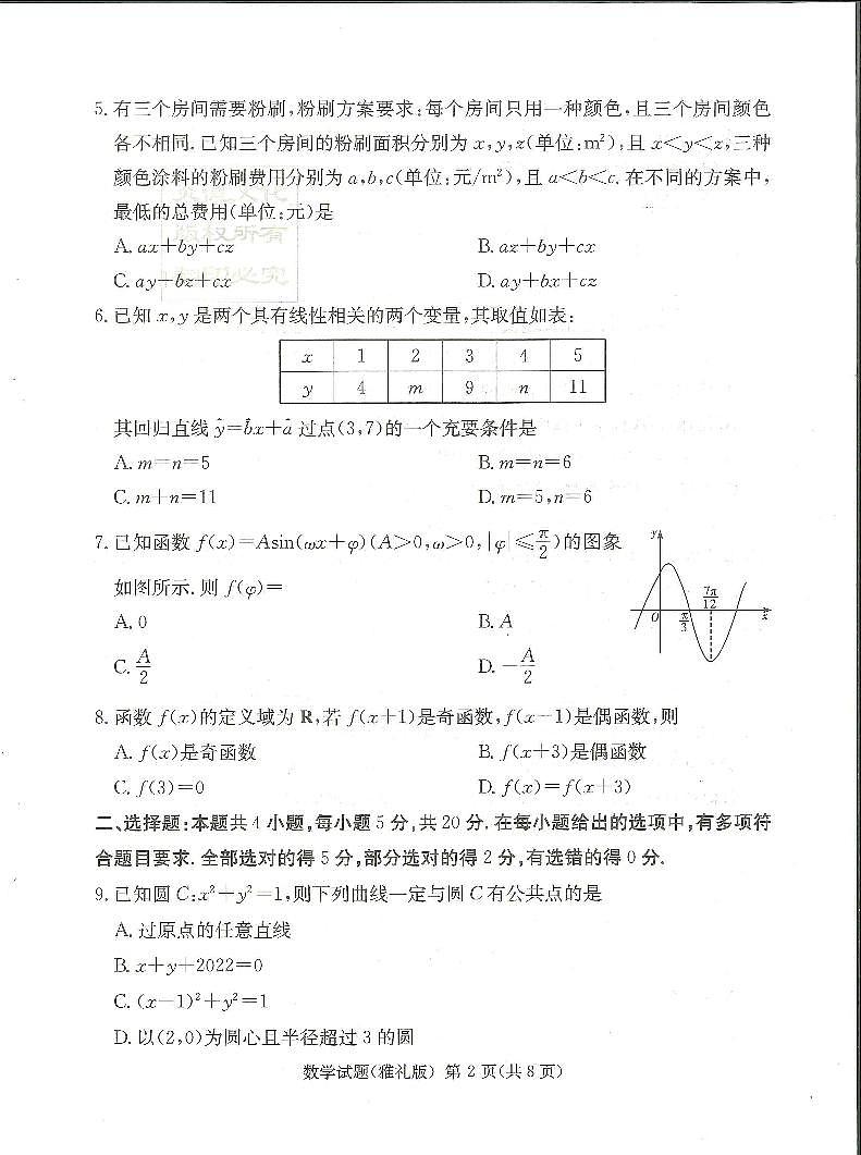 湖南省长沙市雅礼中学2022届高三下学期二模数学试题及参考答案02