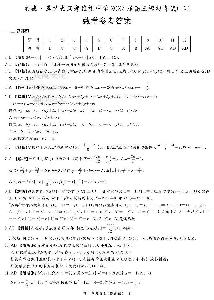 湖南省长沙市雅礼中学2022届高三下学期二模数学试题及参考答案01