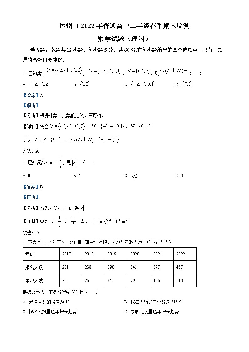 2022达州高二下学期期末监测数学理科试题含解析01