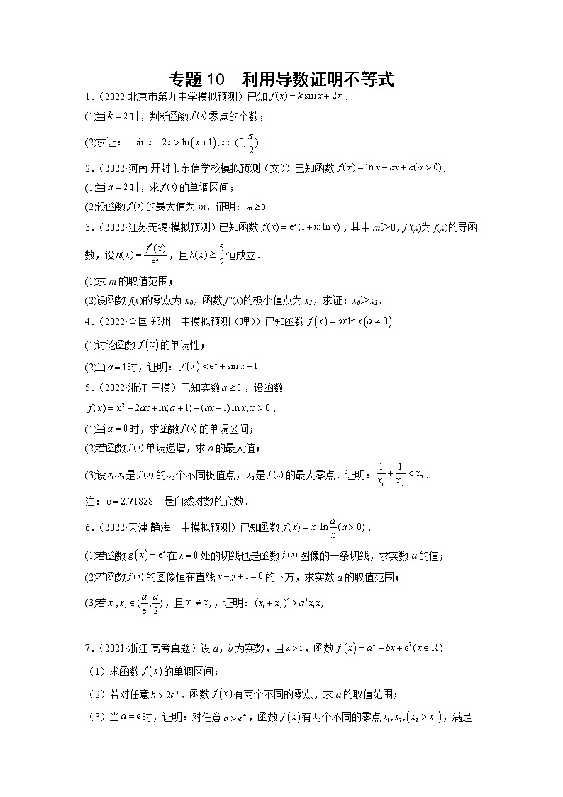2023年高考数学大题专练（新高考专用） 专题10 利用导数证明不等式  Word版无答案第1页