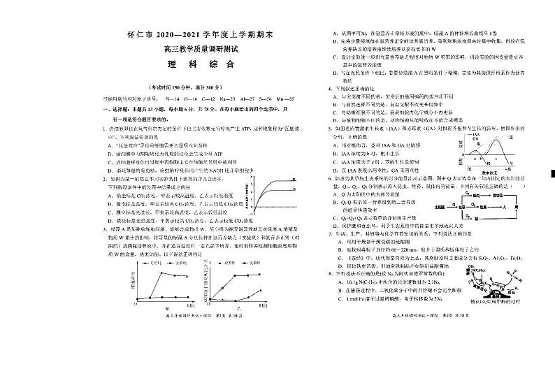 山西省怀仁市2021届高三上学期期末考试理科综合试题（扫描 ）第1页