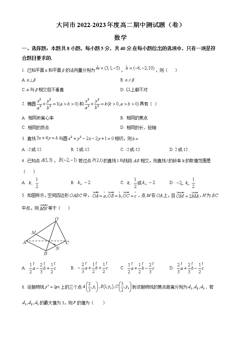 山西省大同市2022-2023学年高二上学期期中数学试题第1页