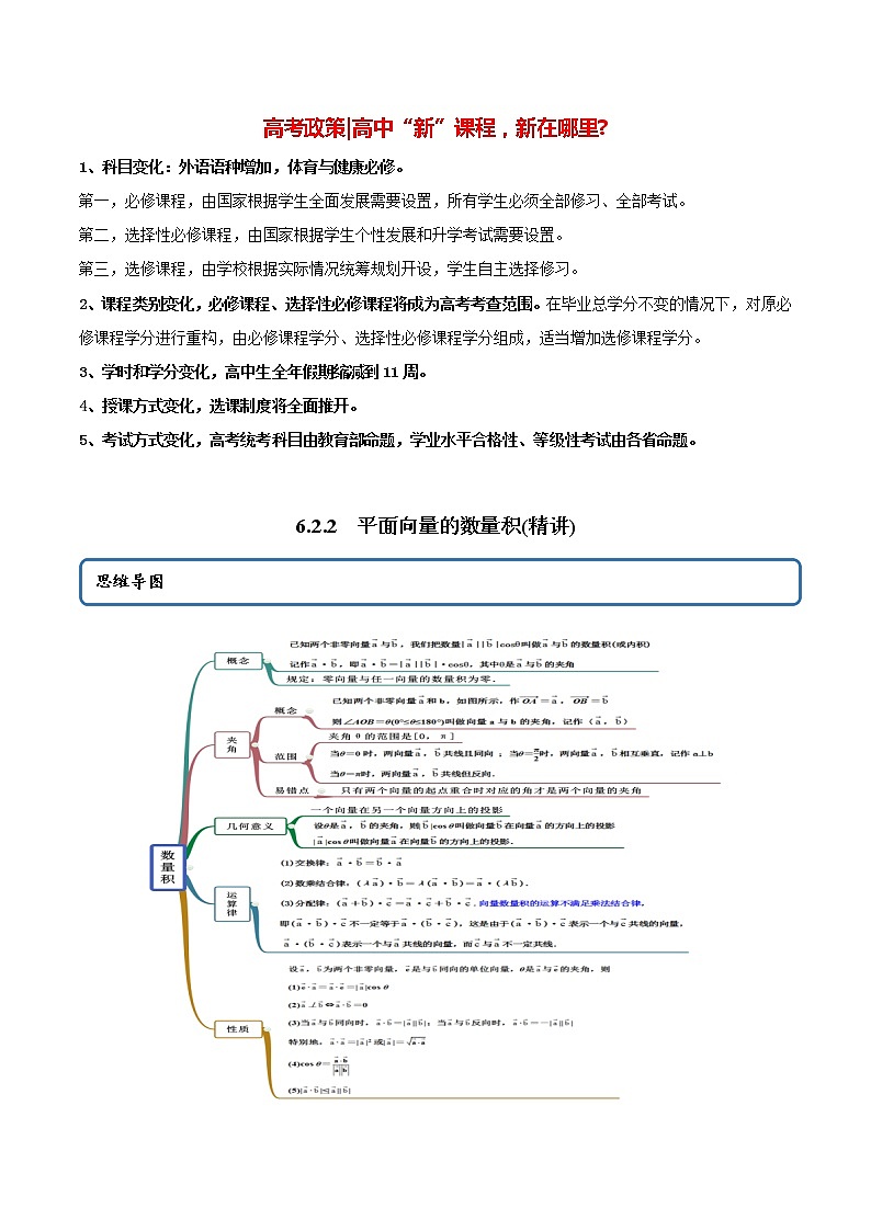 高中数学新教材同步讲义（必修第二册）  6.2.2 平面向量的数量积（精讲） （教师版含解析）第1页