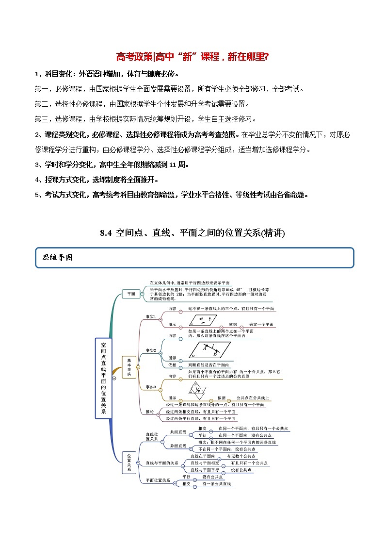 高中数学新教材同步讲义（必修第二册）  8.4 空间点、直线、平面之间的位置关系（精讲）01