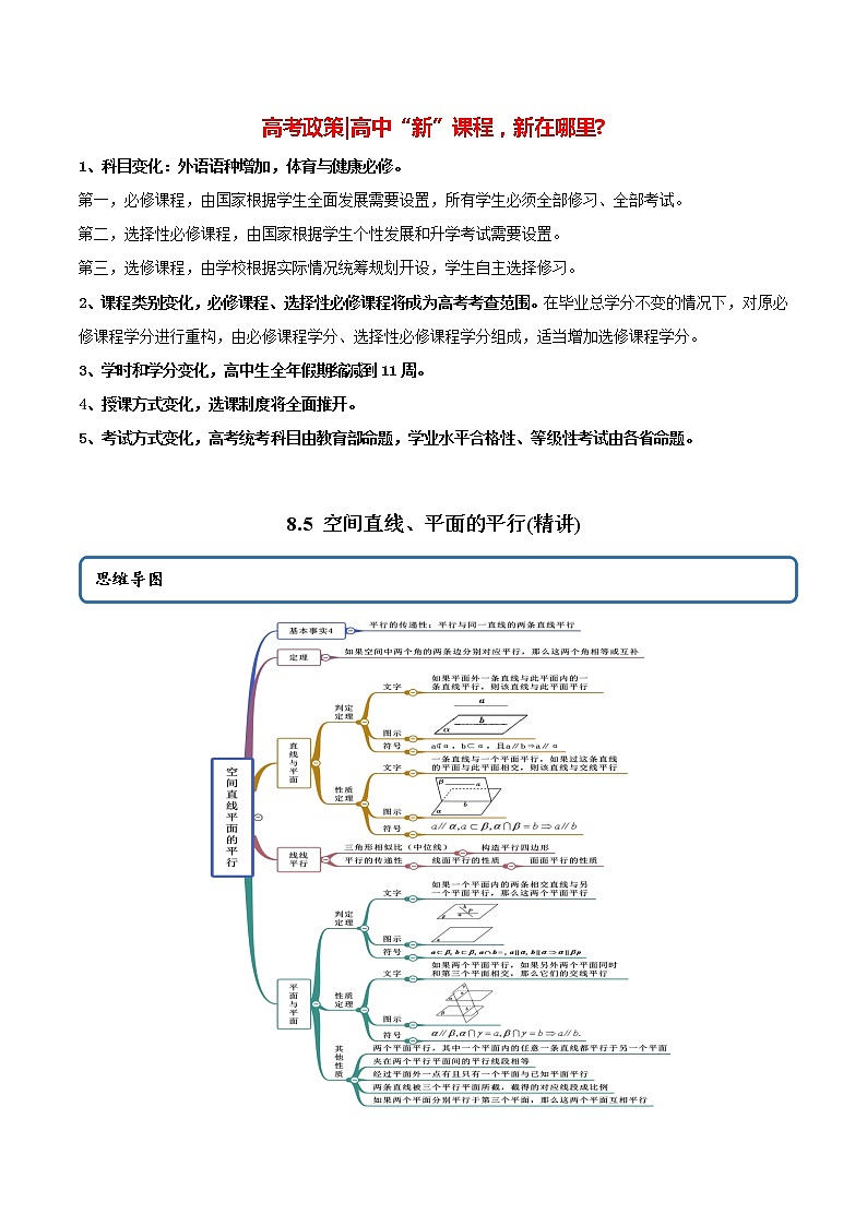 高中数学新教材同步讲义（必修第二册）  8.5 空间直线、平面的平行（精讲） （学生版）第1页