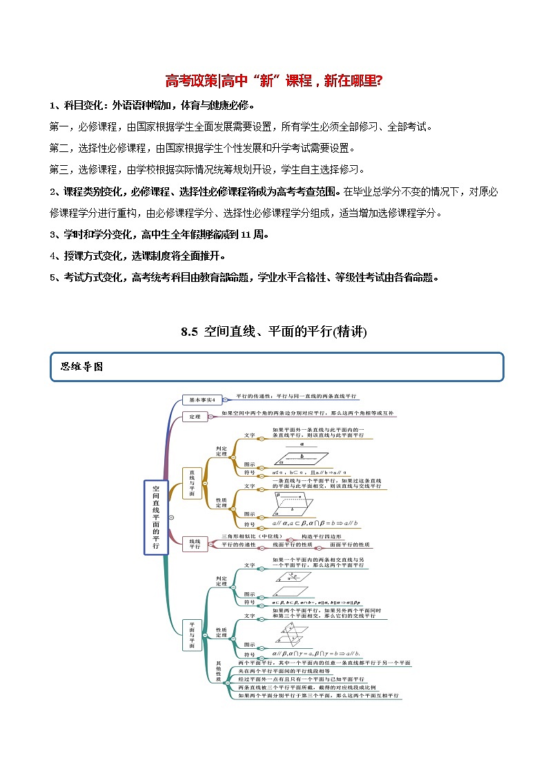 高中数学新教材同步讲义（必修第二册）  8.5 空间直线、平面的平行（精讲） （教师版含解析）第1页