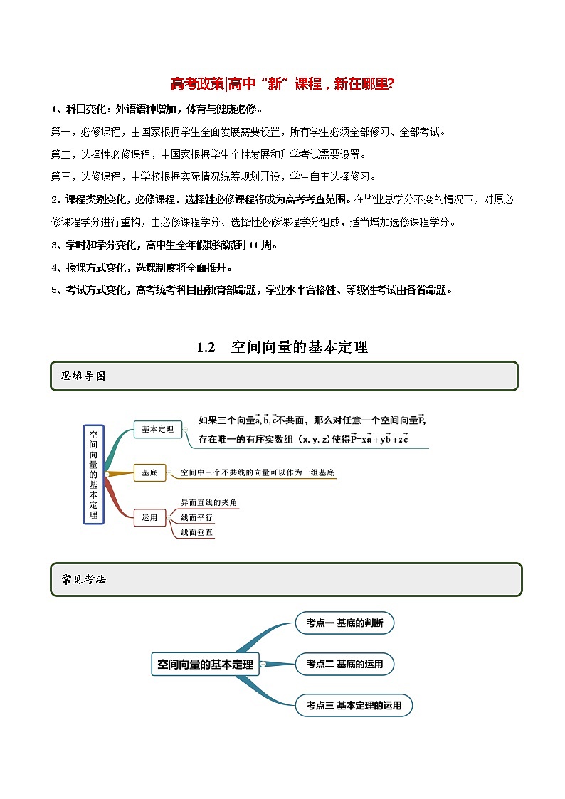 高中数学新同步讲义（选择性必修第一册）  1.2 空间向量的基本定理（精讲）01