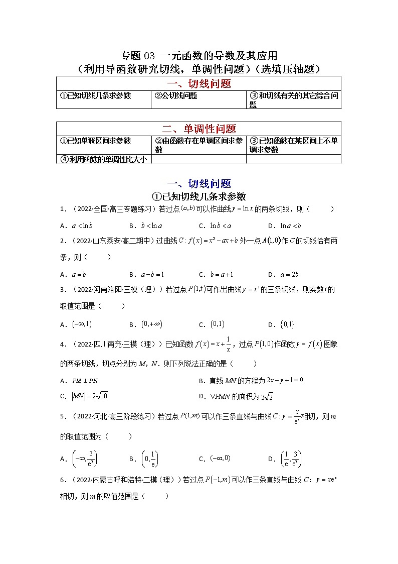 2023年高考数学必刷压轴题（新高考版）专题03 一元函数的导数及其应用（利用导函数研究切线，单调性问题）（选填压轴题） Word版含解析01